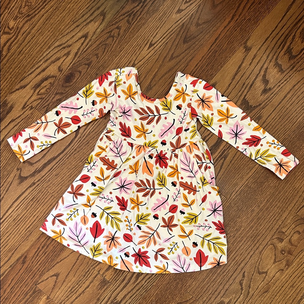 Hanna Andersson Multicolor Leaf Print Dress, Skater Dress with Pockets, Size 4T